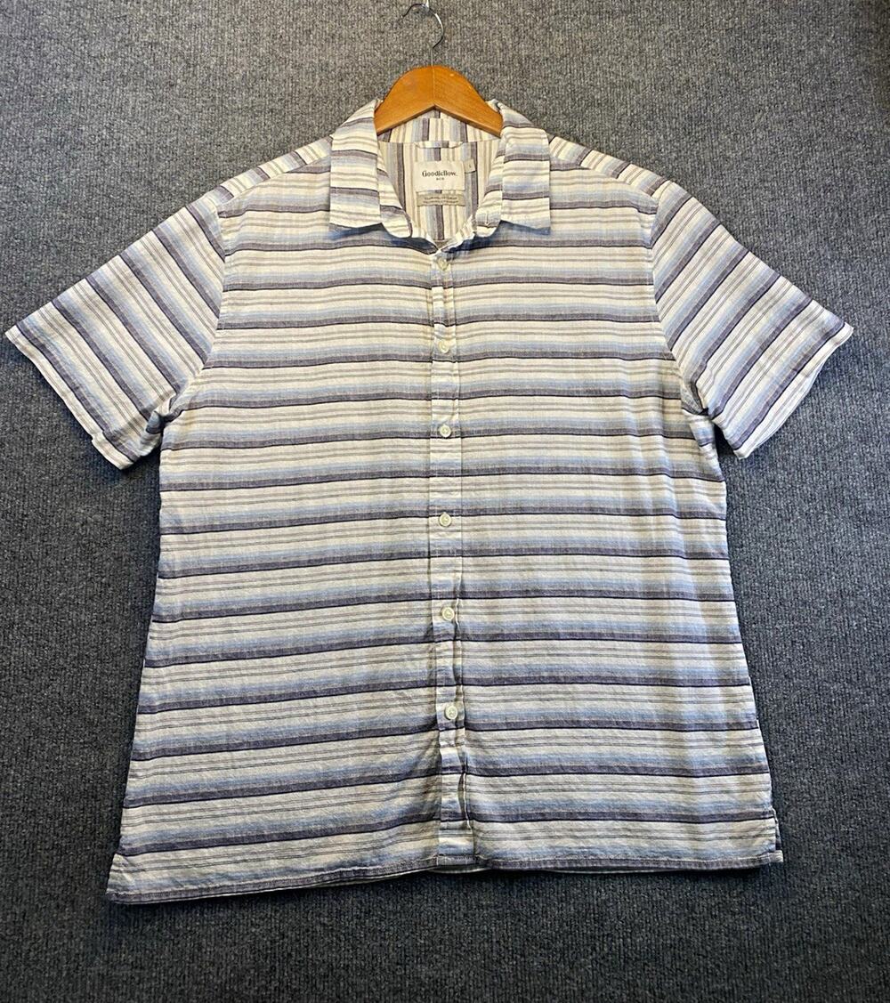 Goodfellow & Co L Woven Blue White Striped Short Sleeve Spread Collar Button-Up
